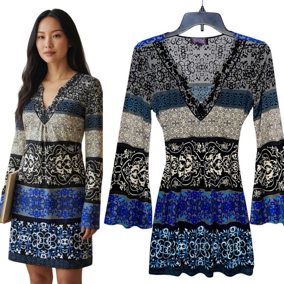 Hale Bob Silk Dress Velvet Burnout Bell Sleeves - Picture 1 of 11